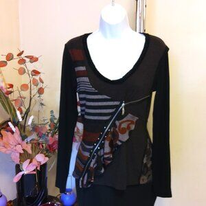 NEW Dolcezza Women’s Brown Black Multi Color Printed Ruffle Blouse Top Size M